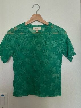 Anthropologie Green Floral Embroidered Sheer Top